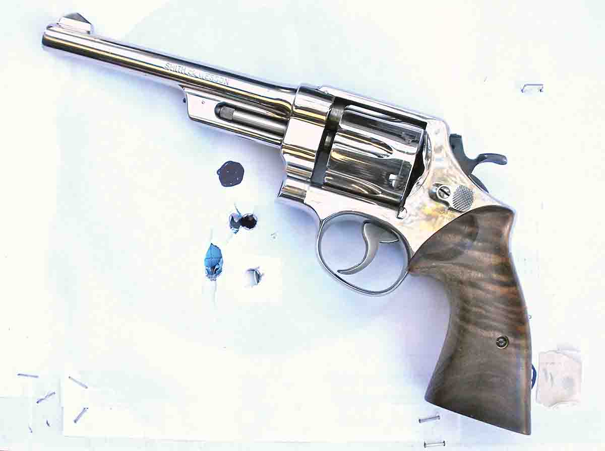 Smith & Wesson Model 20 .38 Special (aka .38-44) is nearly ideal for instinctive point shooting with wax bullet loads. This group was fired at 10 paces with the Model 20 held slightly above belt level.